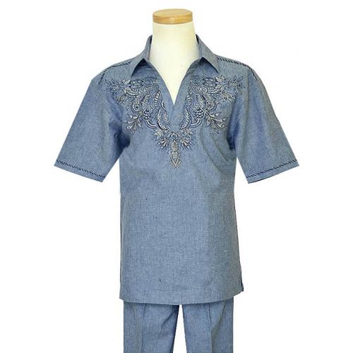 Prestige Light Blue With Navy Blue / White Floral Embroidery Pure Linen 2 PC Outfit CPT-313